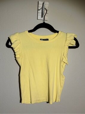 ZARA Pale Yellow Ruffle Sleeve Ribbed Tank